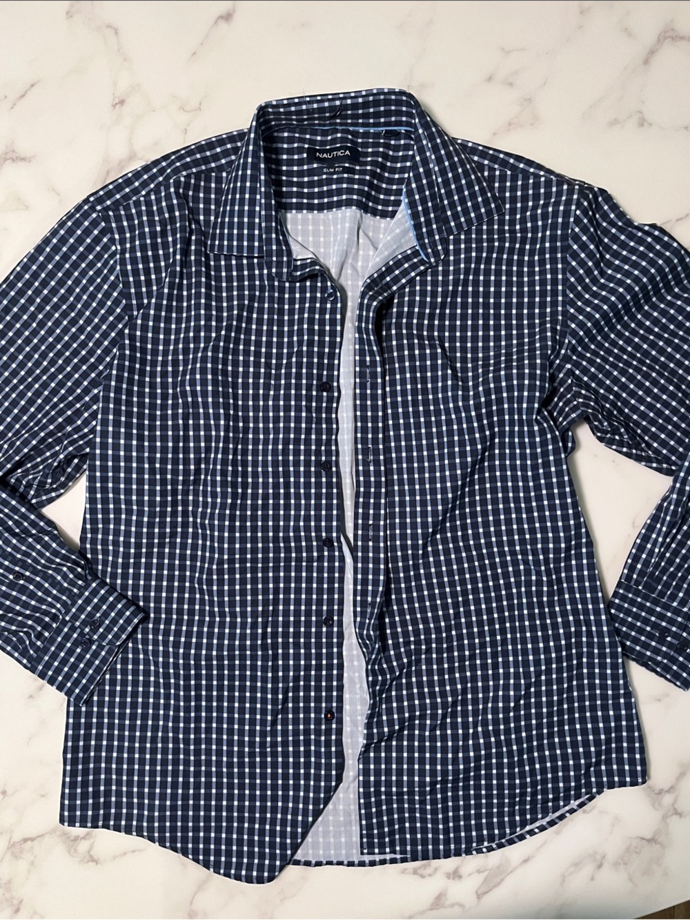 Nautica Men's Navy and White Checked Button-Down Shirt size large